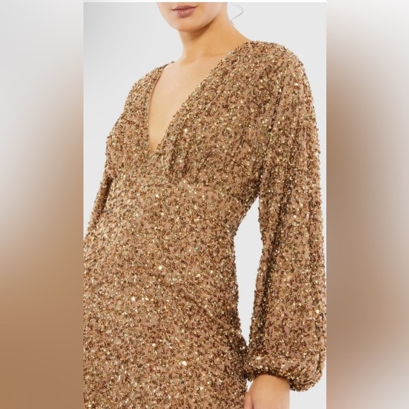 MAC DUGGAL Brown Sequined Puff Sleeve V Neck Gown Size 2 NWT Style 10791 - Picture 2 of 5